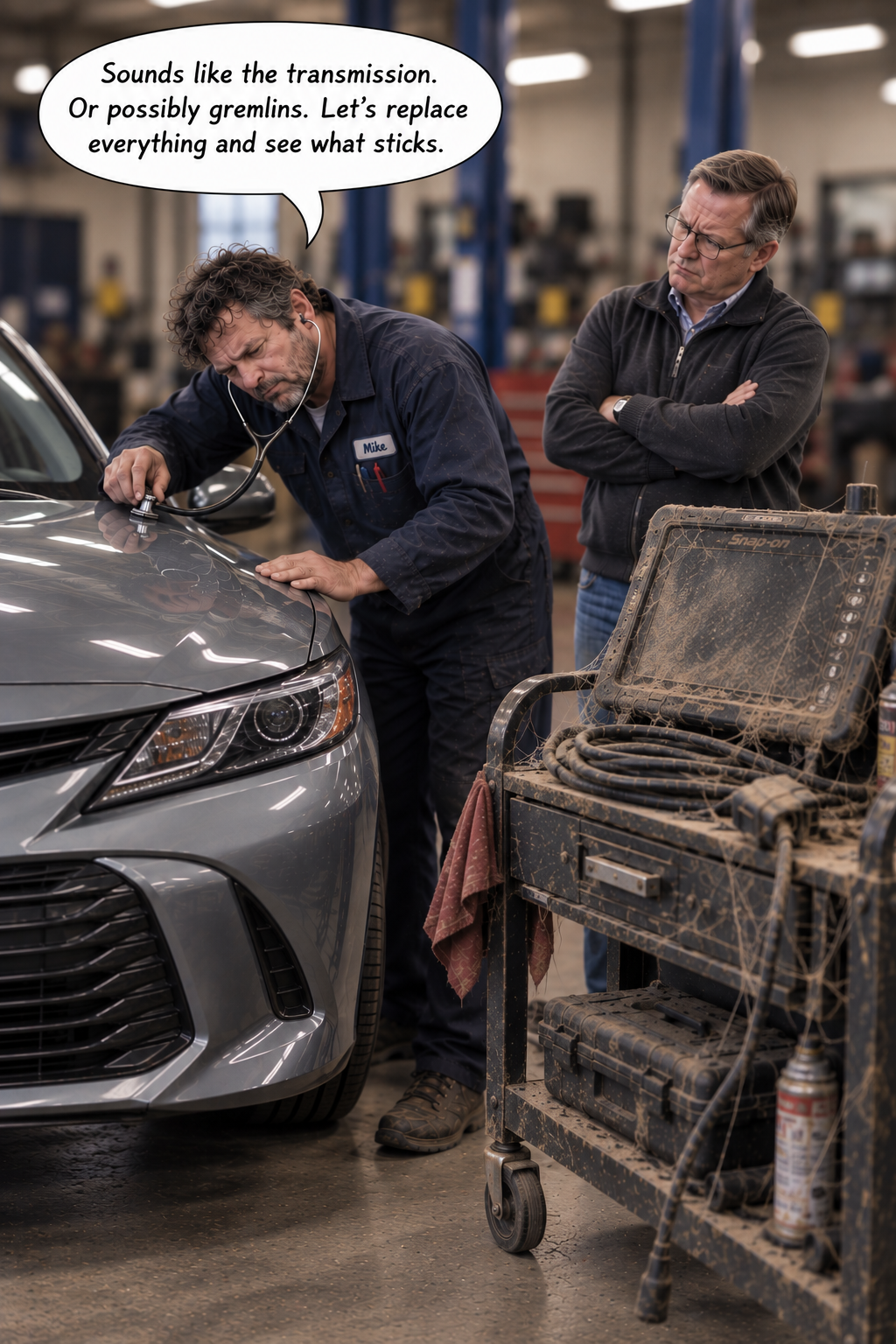 A mechanic named Mike leans over a car's hood listening through a stethoscope while a skeptical customer stands with arms crossed. Behind them, a dust- and cobweb-covered diagnostic computer sits unused on a cart. Speech bubble: "Sounds like the transmission. Or possibly gremlins. Let's replace everything and see what sticks."