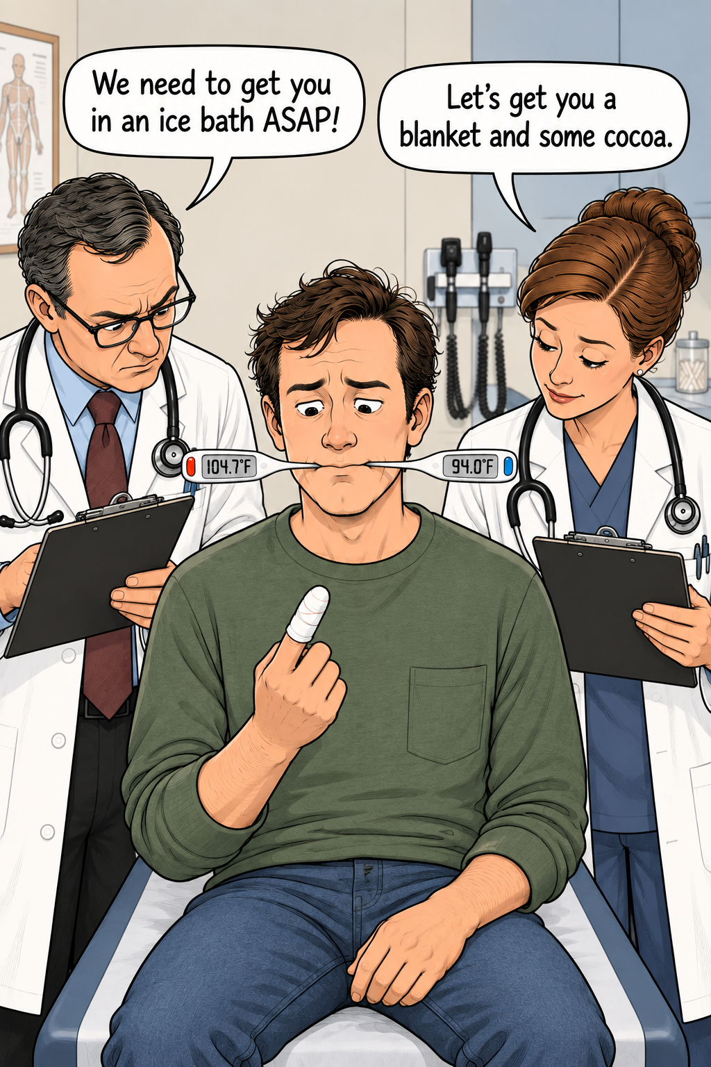 A patient sits with a thermometer in each side of his mouth, one reading 104.7°F and the other 94.0°F. One doctor says "We need to get you in an ice bath ASAP!" while another says "Let's get you a blanket and some cocoa."