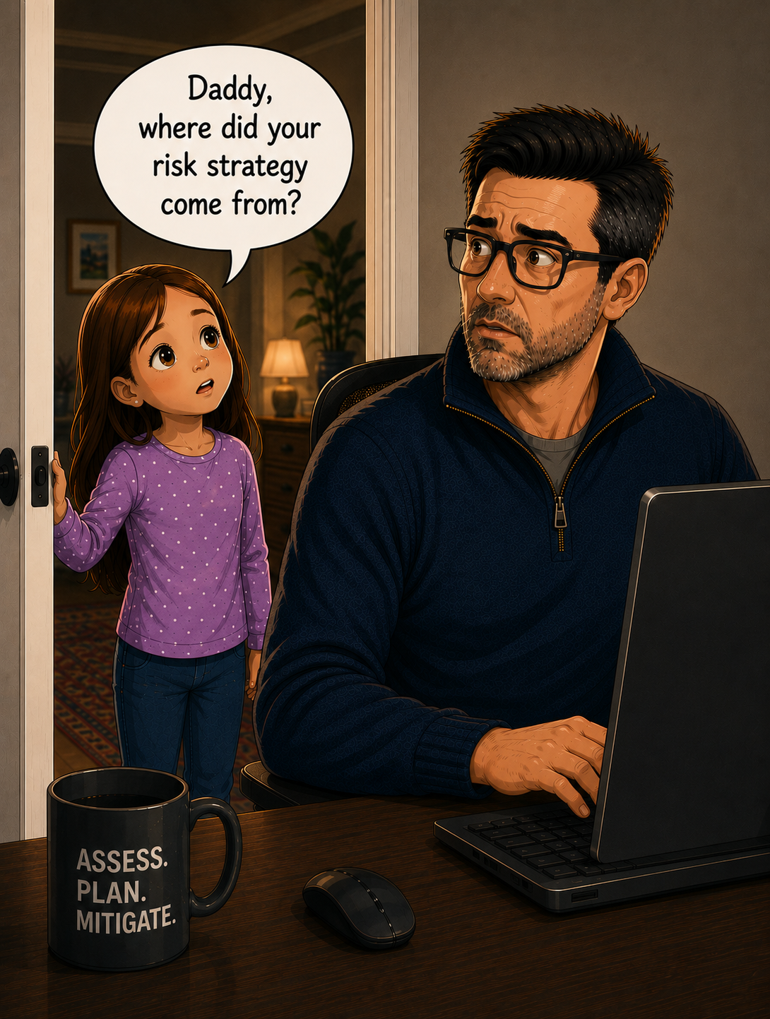 A young girl asks her father, working late at his laptop, "Daddy, where did your risk strategy come from?"