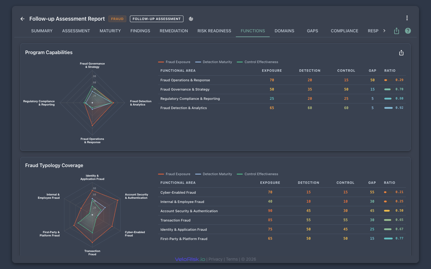 Fraud Assessment — dual-radar scoring across fraud prevention and detection functions